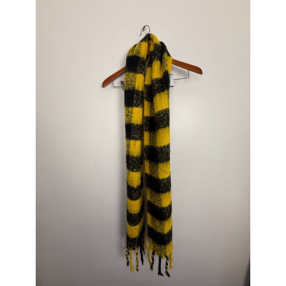 Topshop Yellow & Black Plaid Checked Fringed Blanket Scarf | Punk Fluffy